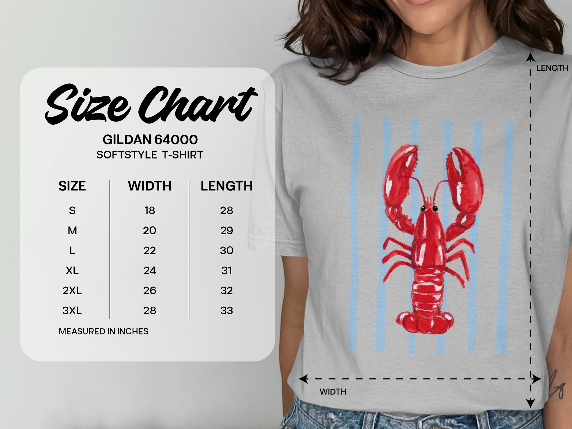 Gildan 64000 Softstyle T-shirt size chart with measurements in inches.