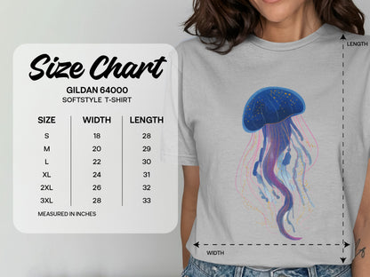 Gildan 64000 Softstyle T-shirt size chart with width and length measurements in inches.