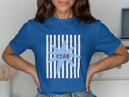 Blue t-shirt with light blue starburst and "CIAO" text.