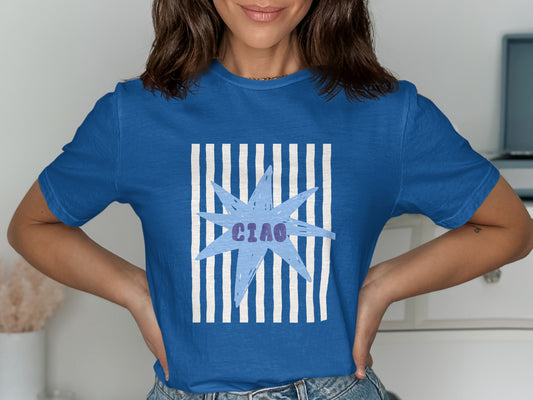 Blue t-shirt with light blue starburst and "CIAO" text.