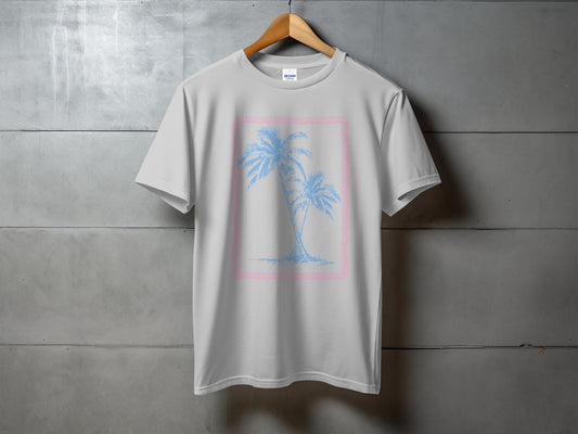 Light gray t-shirt with a pastel pink and blue palm tree graphic.