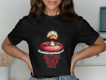 T-shirt with cartoon duck in inner tube, "Resting Beach Face" text.