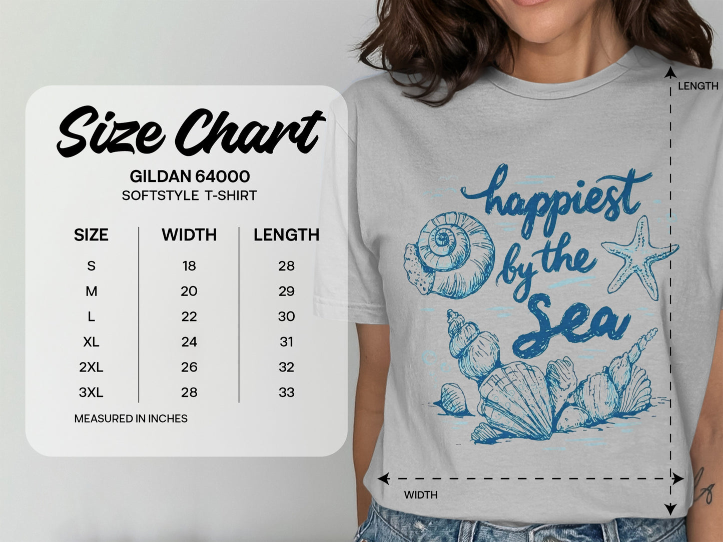 Gildan 64000 t-shirt size chart with measurements and "happiest by the Sea" graphic.