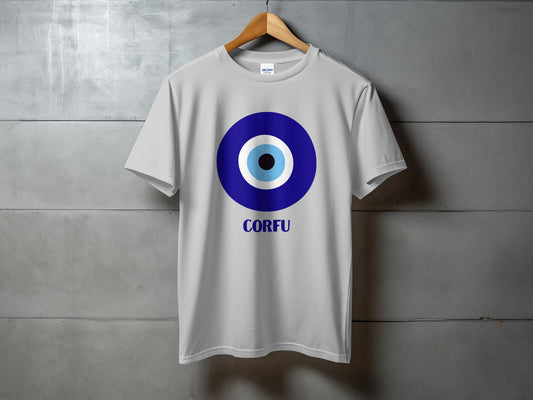 Light gray t-shirt with blue and white evil eye design and "CORFU" text.