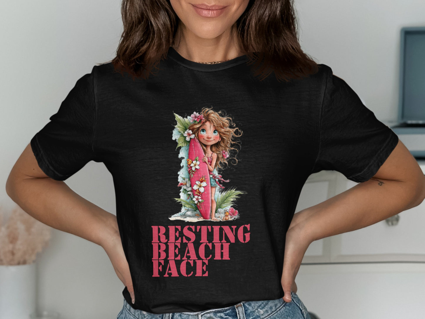 Black t-shirt with "RESTING BEACH FACE" and a girl with a surfboard.
