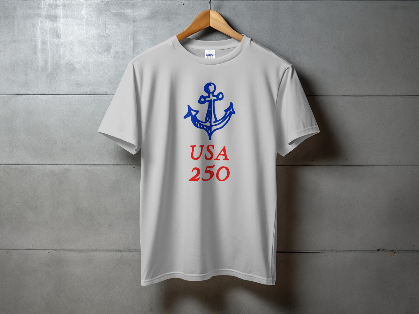 White t-shirt with blue anchor and red "USA 250" text.