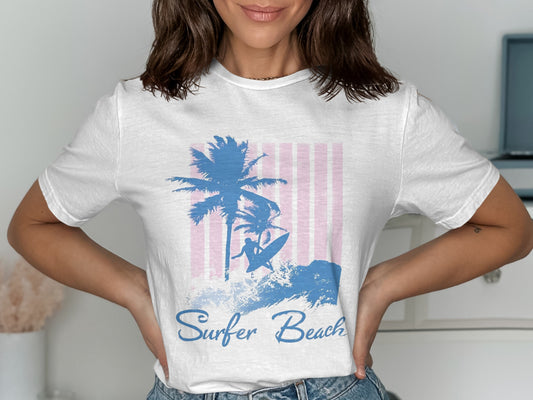 White t-shirt with palm trees, surfer, and "Surfer Beach" text.