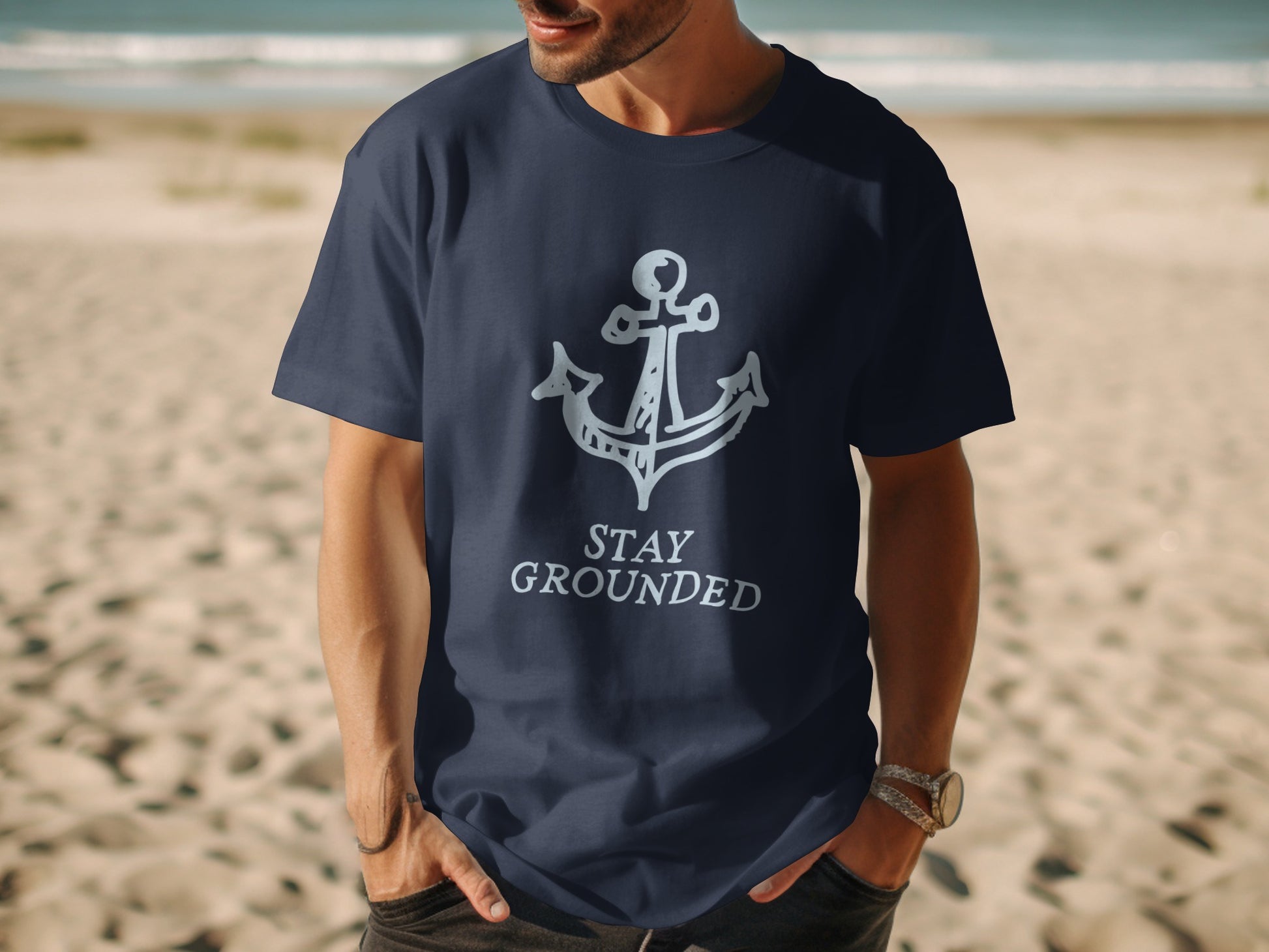 Navy t-shirt with white anchor graphic and "STAY GROUNDED" text.