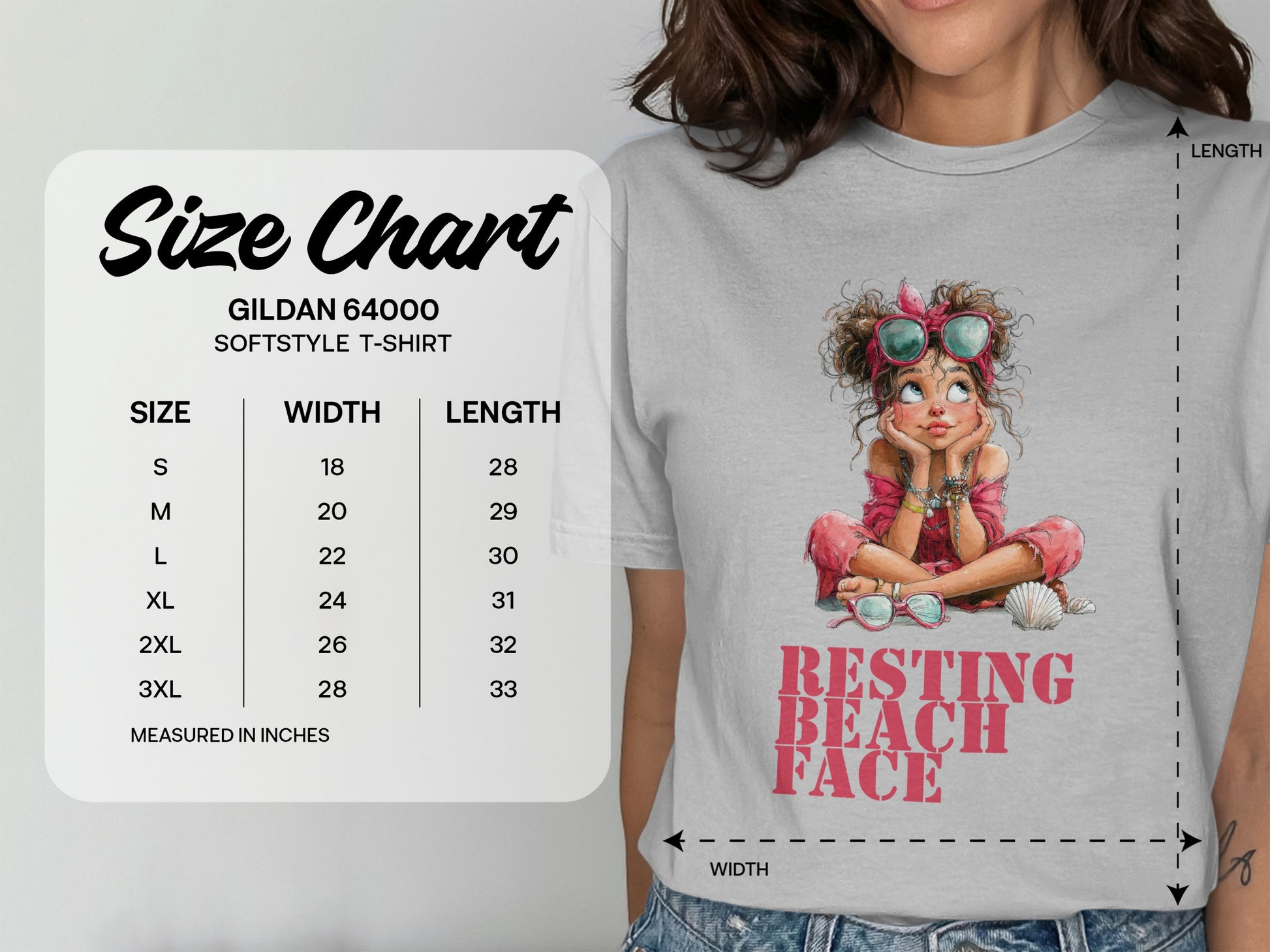Gildan 64000 Softstyle T-shirt size chart with width and length measurements.
