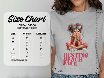 Gildan 64000 Softstyle T-shirt size chart with width and length measurements.