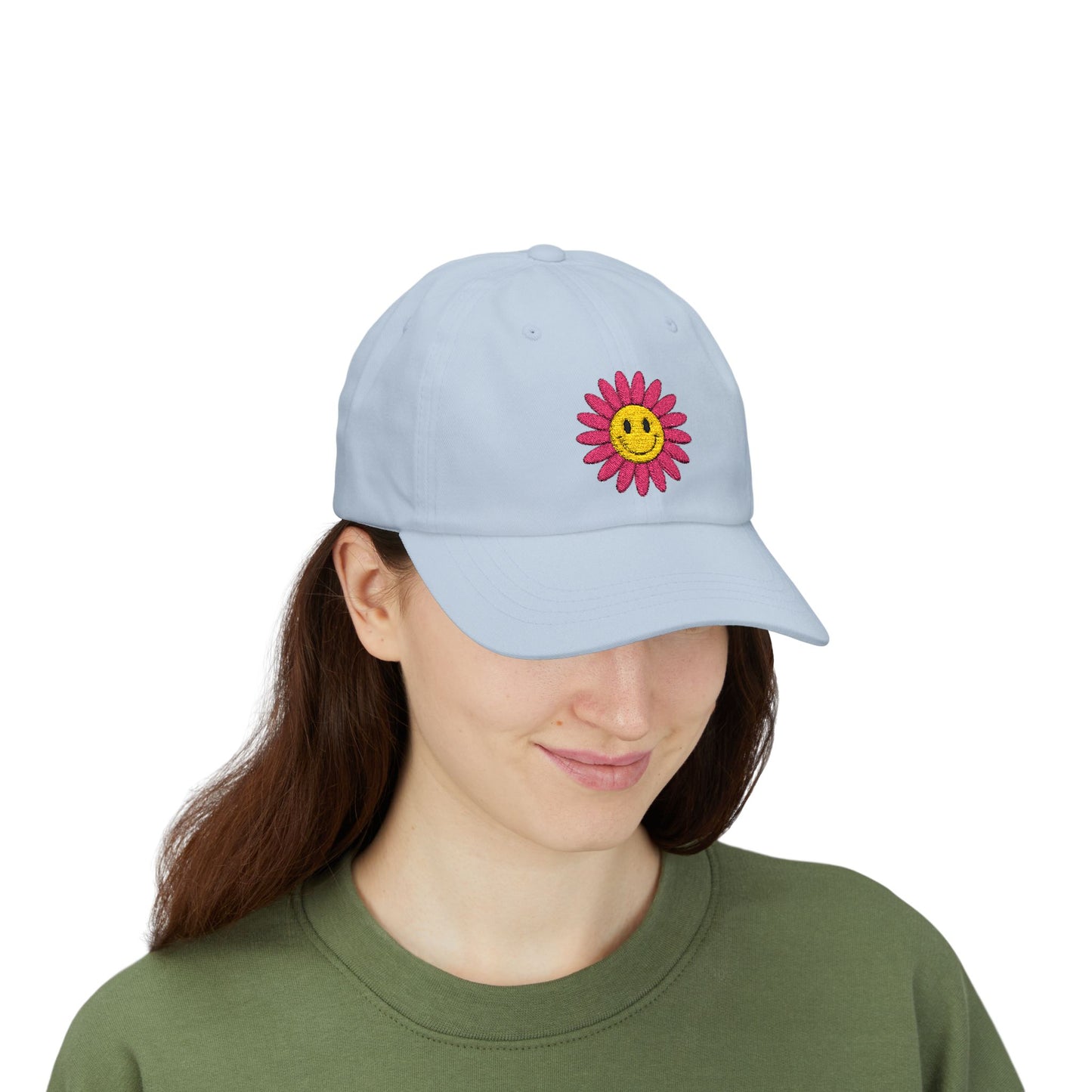 Smiley Daisy Dad Cap Embroidered Pink Flower Hat