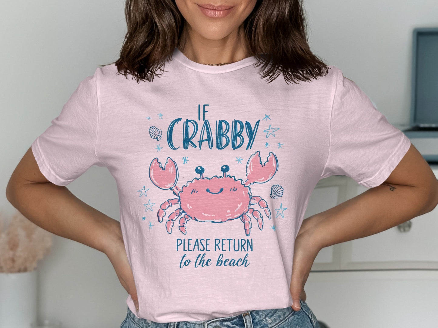 Pink t-shirt with "If Crabby Please Return to the Beach" and a crab graphic.
