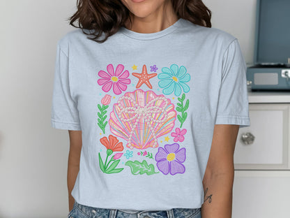 Vibrant Flower and Seashell Graphic Print T-shirt product