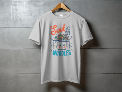 White t-shirt with a drawing of a noodle box and chopsticks.