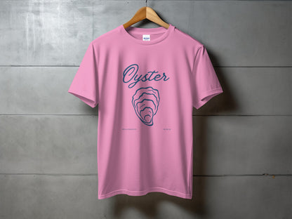 Pink t-shirt with "Oyster" graphic and "Oyster" and "WHO WE ARE DAY" text.