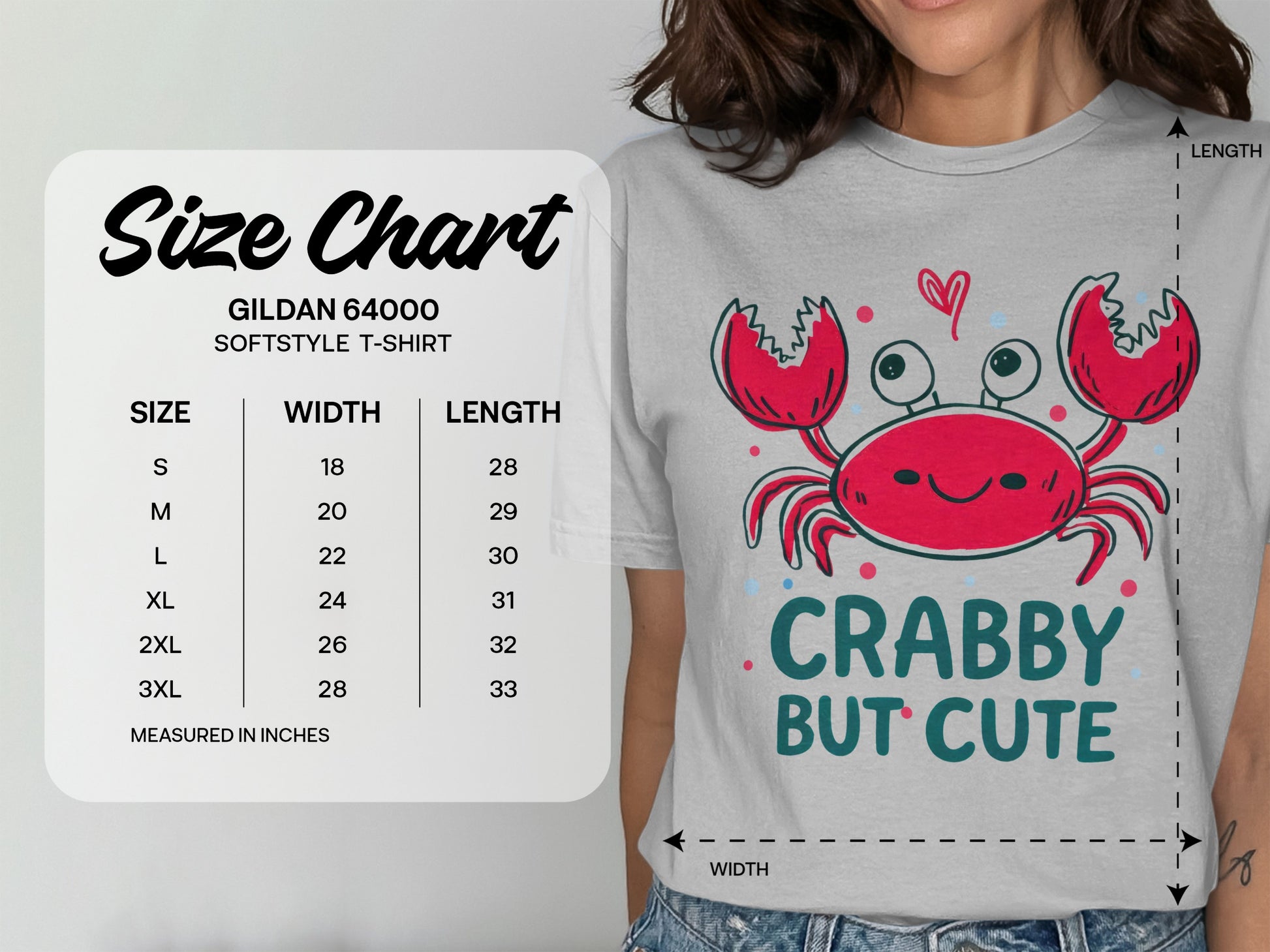 Gildan 64000 Softstyle T-shirt size chart with measurements and "Crabby But Cute" graphic.