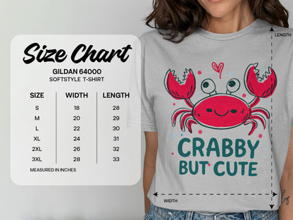 Gildan 64000 Softstyle T-shirt size chart with measurements and "Crabby But Cute" graphic.