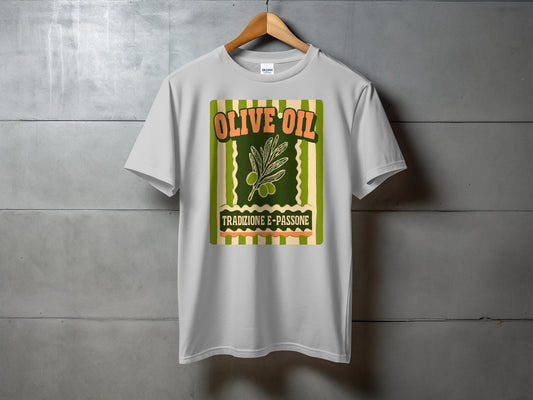 T-shirt with "Olive Oil Tradizione E Passione" text and olive branch graphic.