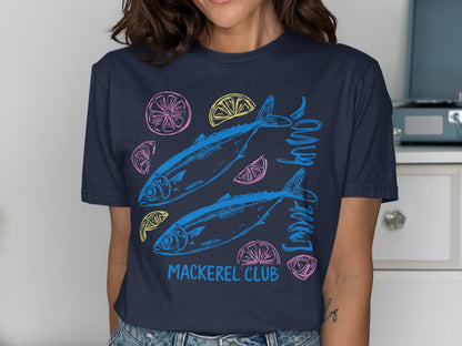 Navy t-shirt featuring a graphic of two mackerel fish with lemon slices.