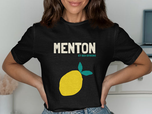 Black t-shirt with "MENTON ET SES CITRONS" and a yellow lemon graphic.