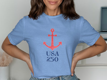 Light blue t-shirt with red anchor and "USA 250" text.