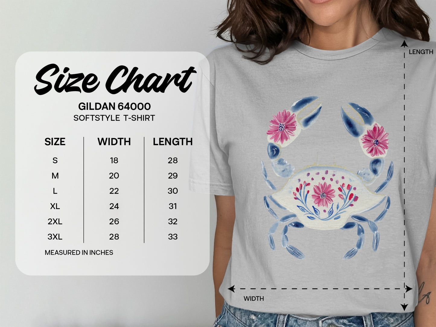 Gildan 64000 softstyle t-shirt size chart with measurements in inches.