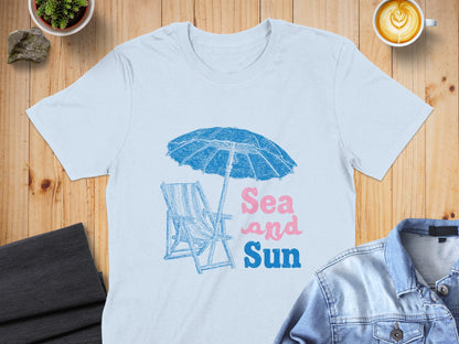 Light blue t-shirt with beach umbrella, chair, and "Sea and Sun" text.