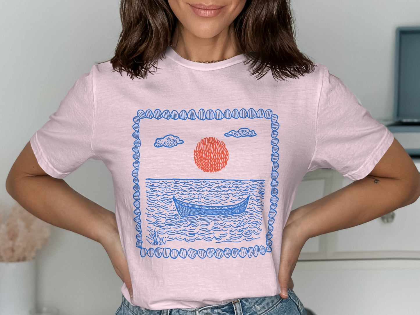 Illustrated Boat and Sun Design Graphic T-Shirt product