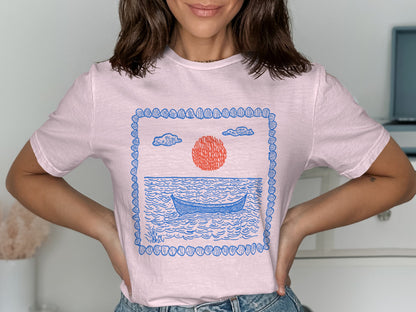 Illustrated Boat and Sun Design Graphic T-Shirt product