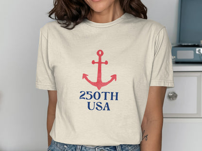 Cream t-shirt with red anchor and "250TH USA" text.