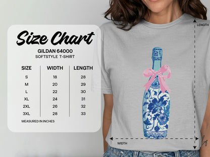 Gildan 64000 softstyle t-shirt size chart with measurements in inches.