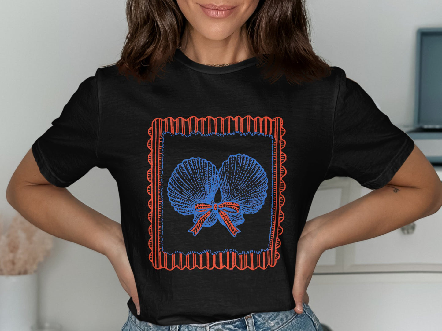 Blue Seashell and Red Bow Graphic T-Shirt product