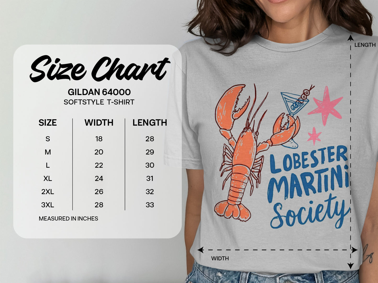Gildan 64000 Softstyle T-shirt size chart with lobster martini graphic.