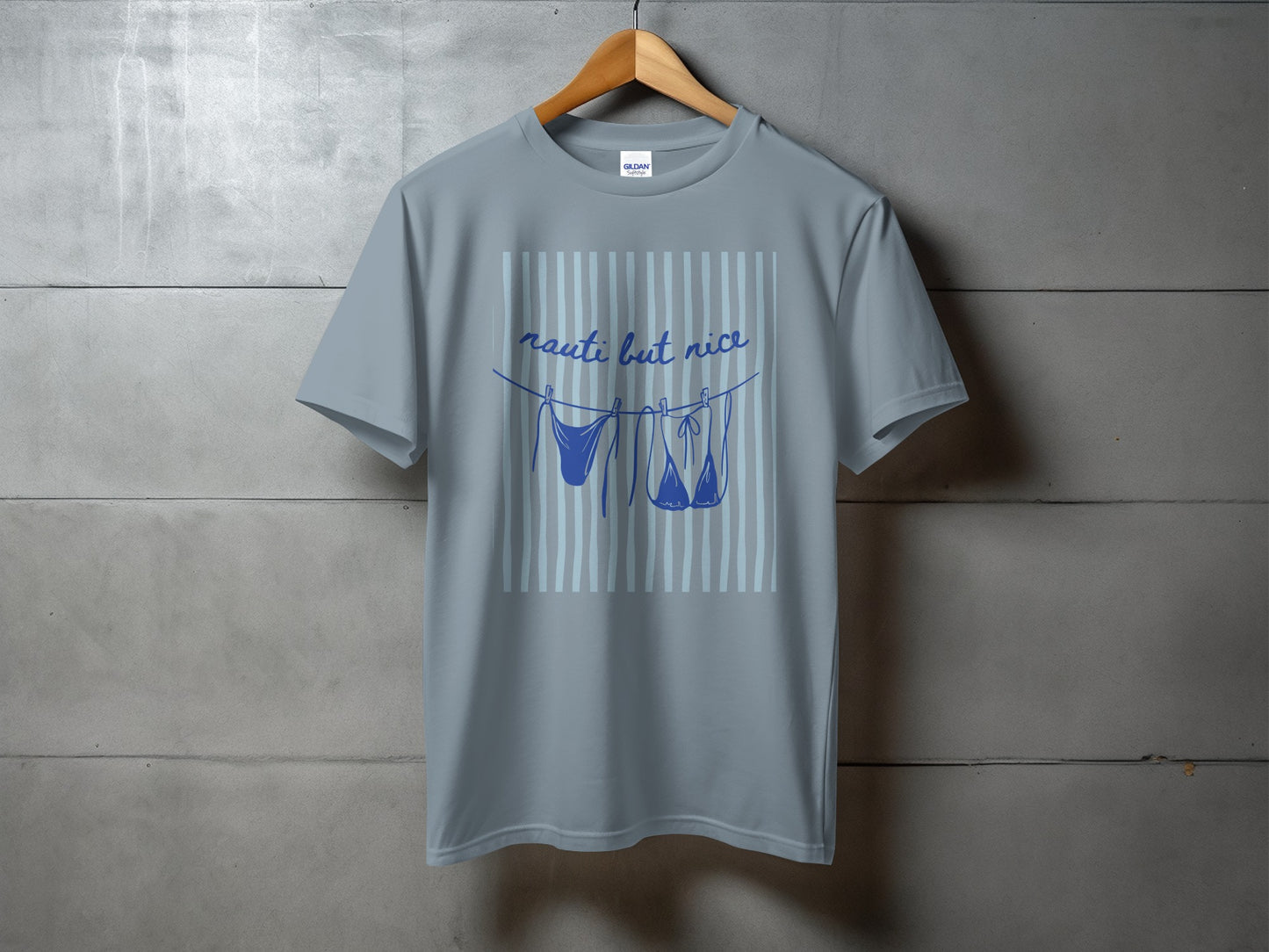 Grey t-shirt with blue bikini and text "rauti but nice" printed on it.