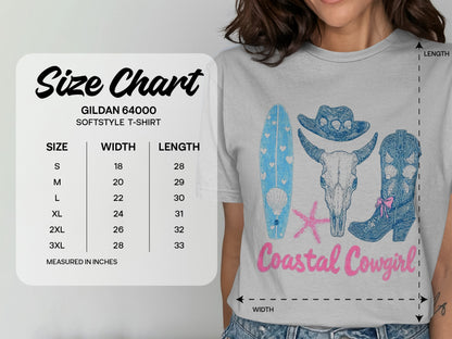 Gildan 64000 size chart for Coastal Cowgirl t-shirts with measurements.
