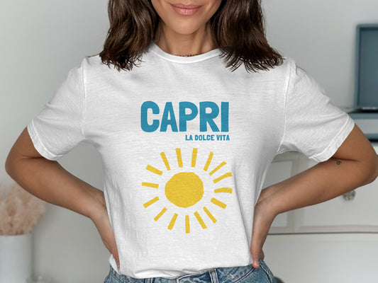 White t-shirt with "CAPRI LA DOLCE VITA" and a yellow sun graphic.