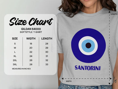 Gildan 64000 Softstyle T-Shirt size chart with Santorini evil eye graphic.