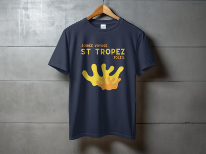 Navy t-shirt with "Soirée Voyage St Tropez Soleil" and yellow coral graphic.