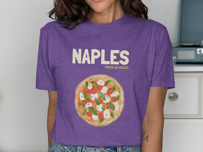 Purple t-shirt with "NAPLES PIZZA AU SOLEIL" and watercolor pizza illustration.