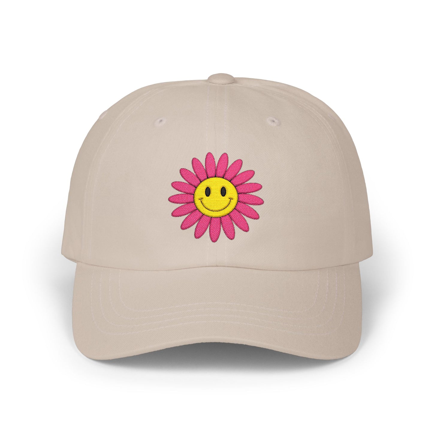 Smiley Daisy Dad Cap Embroidered Pink Flower Hat