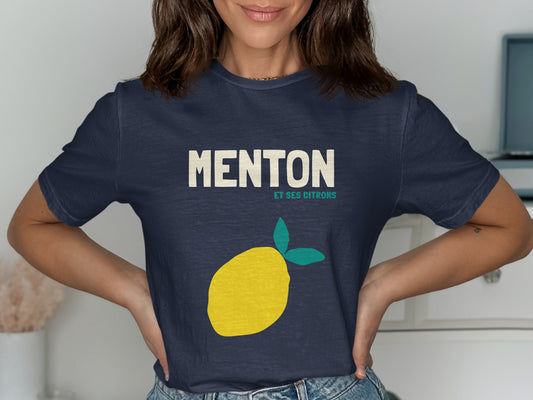 Navy t-shirt with "MENTON ET SES CITRONS" and a yellow lemon graphic.