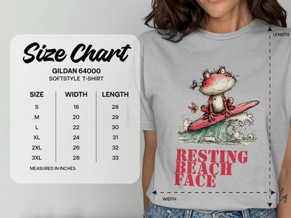 Gildan 64000 size chart with frog graphic and "Resting Beach Face" text.