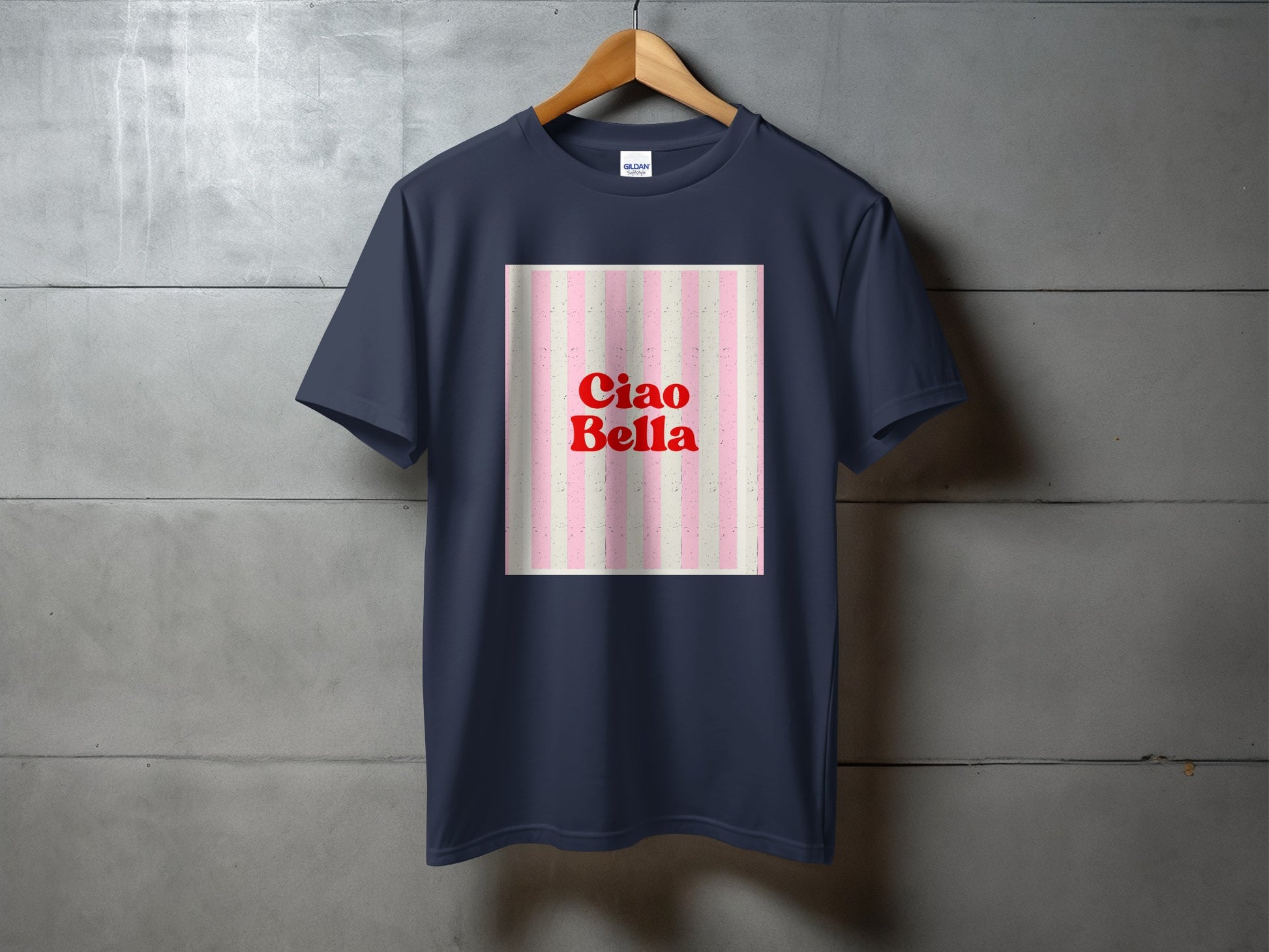 Navy t-shirt with "Ciao Bella" in red text on a striped background.