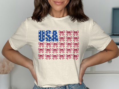 USA Patriotic Bow Design White Short Sleeve T-Shirt product