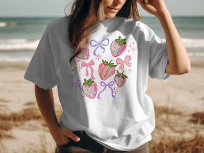 Whimsical Strawberry and Bows Graphic T-shirt product type