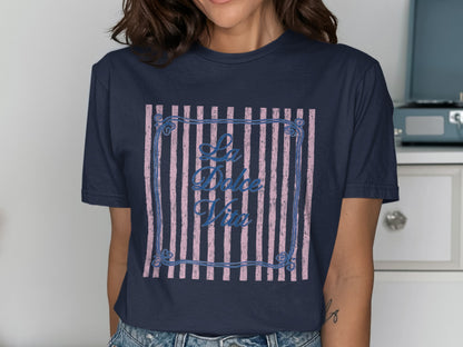 Navy t-shirt with "La Dolce Vita" text within a striped border.