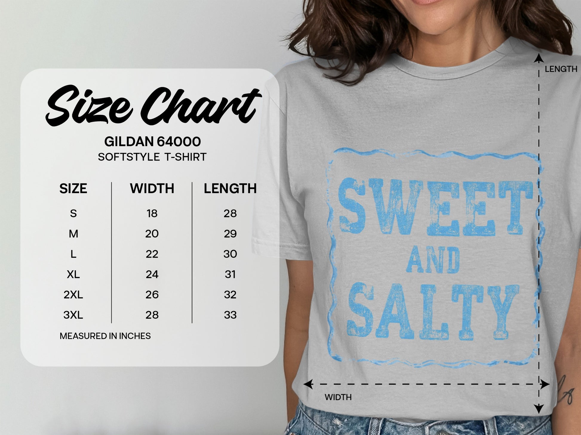 Gildan 64000 Softstyle T-shirt size chart with width and length measurements in inches.
