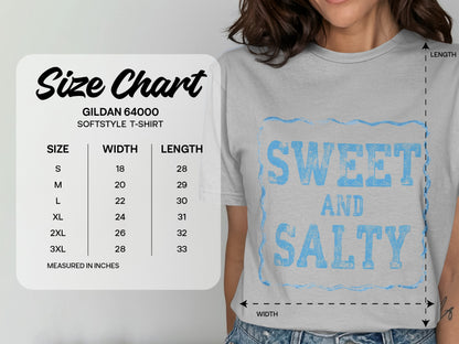Gildan 64000 Softstyle T-shirt size chart with width and length measurements in inches.