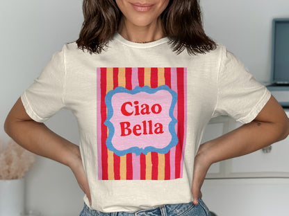 Cream t-shirt with colorful stripes and "Ciao Bella" text in a decorative frame.