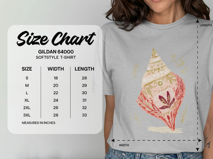 Gildan 64000 Softstyle T-Shirt size chart with width and length measurements in inches.